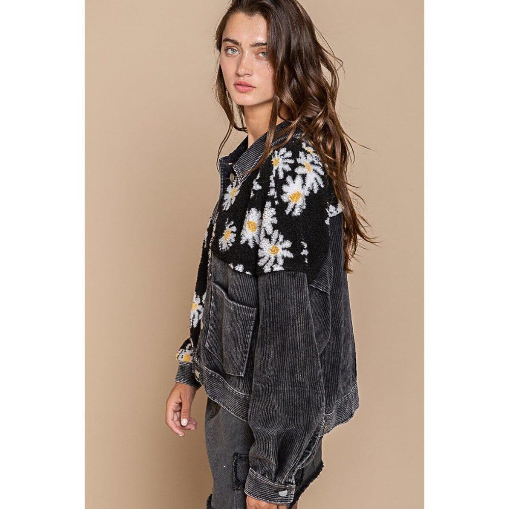POL CLOTHING Daisy Corduroy Jacket Women New Black Button Down Sherpa FWT369 - Picture 2 of 8